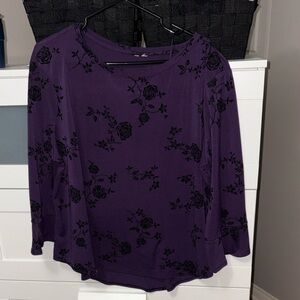 Purple Top with Black Floral Flocking & Bell Sleeve End